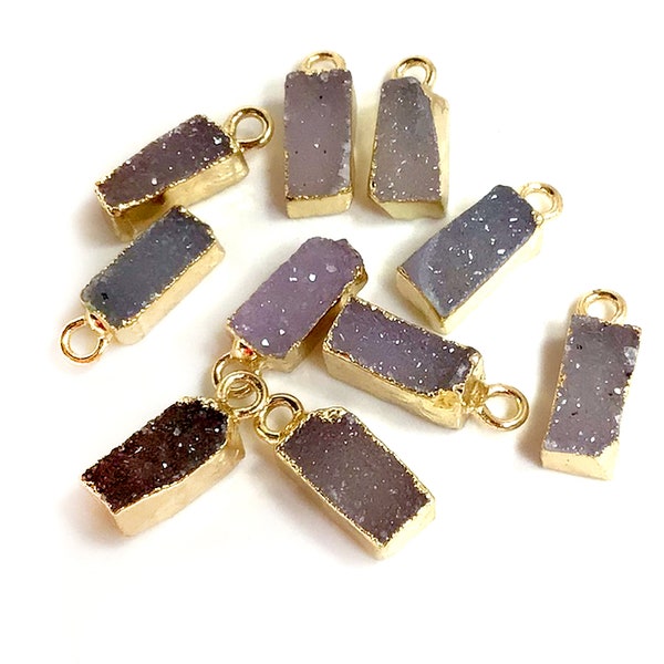 Tiny Drusy Agate Charm Raw Rough Druzy Agate Pendant Natural Gemstone Rectangle w Ring Christmas Gold Coated Double Side Necklace Making