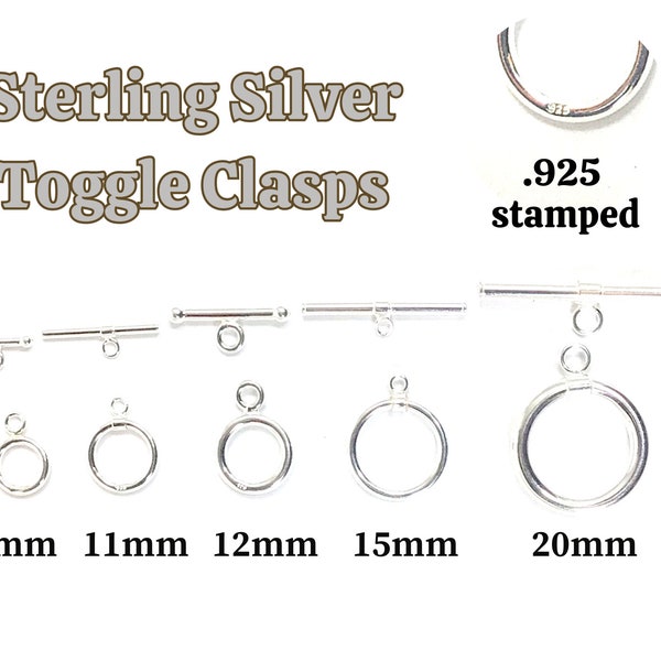 REAL Sterling Silver Toggle Clasp 1 Set 9mm 11mm 12mm 15mm 20mm Ring Connector Attach Clasp Findings Plain Round 925 Stamped Toggle Clasp