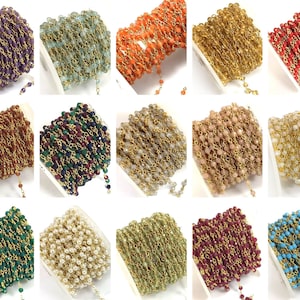 Natural Gemstone Gold Rosary Chain Gold Chain 3mm Faceted Round Beads Wire Wrapped Sold by FT Bulk Lot