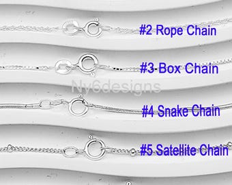 20" Sterling Silver Chain Necklace, Round Cable, Snake, Ball, Box, Rope, Satellite 925 Stamped