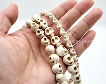 White Halloween Skull Beads, Howlite Turquoise Carved Pendants, 7-12mm (15" Strand)