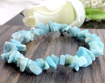 Natural Blue Larimar Chips Bracelet Gemstone Crystal Stretch Healing Stone Handmade Beaded Bracelet 7.5" for Men, Women Gift