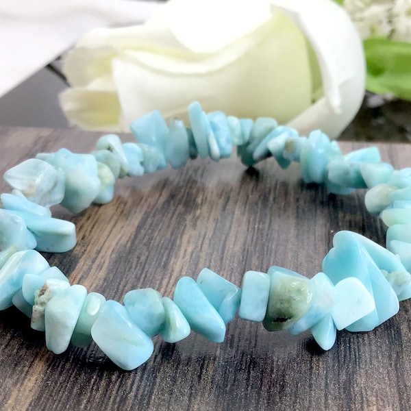 Natural Blue Larimar Chips Bracelet Gemstone Crystal Stretch Healing Stone Handmade Beaded Bracelet 7.5" for Men, Women Gift