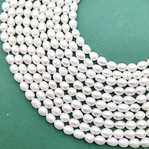 6x5mm Cream White Natural Freshwater Rice Pearls 14&quot; Strand – Long Oval Nugget Beads with Crystal Lining for Jewelry Making & Crafts