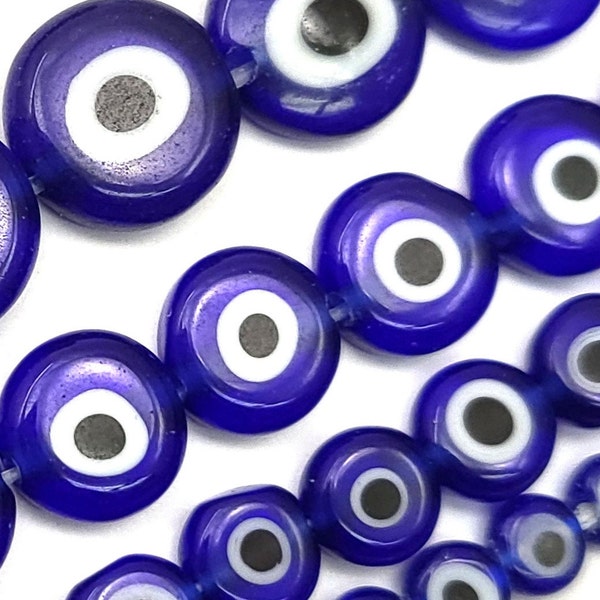 Royal Blue Evil Eye Glass Beads Protective Flat Round Disc Coin Spacer Loose Bead Crystal Gemstone Beads 15" Strand 4mm 6mm 8mm 10mm 12mm