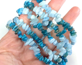 Blue Apatite Aquamarine Chip Bracelet, Gemstone Crystal Healing, 7.5"