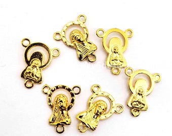 2-Sided Gold Mary Rosary Centerpiece Connector Link Pewter Plated Charms