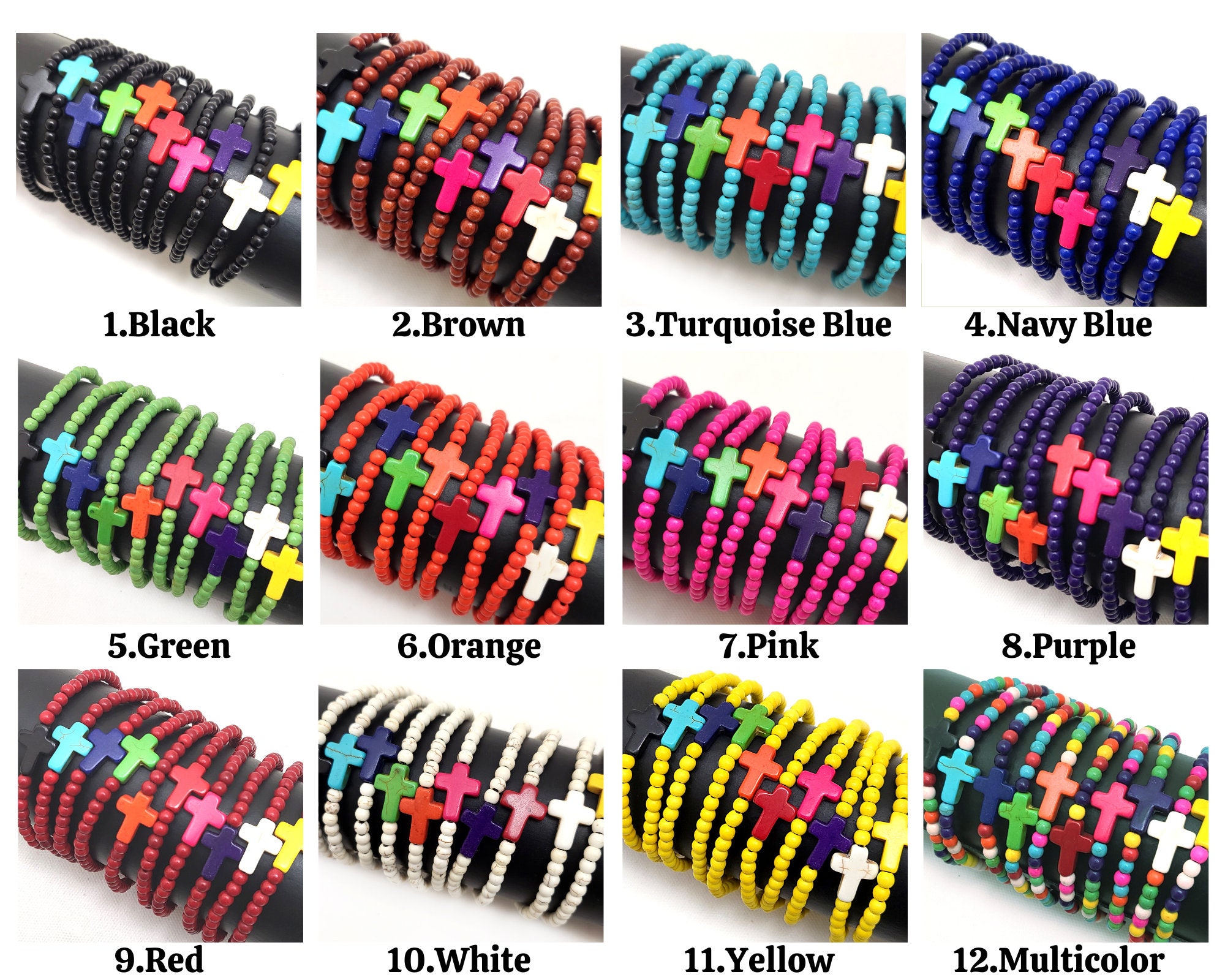 12 Color Cross Bracelet Beaded Stretch Christian Religious
