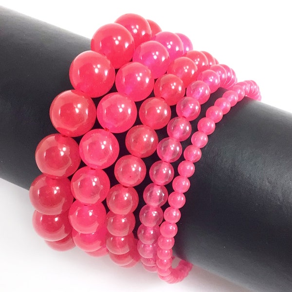 Hot Pink Jade Bracelet Stretch Elastic Crystal Healing Gemstone Round Beaded Bracelet for Men,Women 4mm 6mm 8mm 10mm 12mm 7.5"