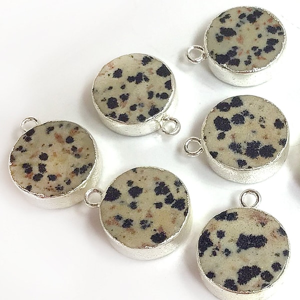 Dalmatian Jasper Pendant Natural Gemstone Coin w Ring Gold Silver Electroplated Edge for Necklace Making Supplies