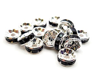 Silver Plated Rondelle Spacer Beads with Black Rhinestones 4-12mm