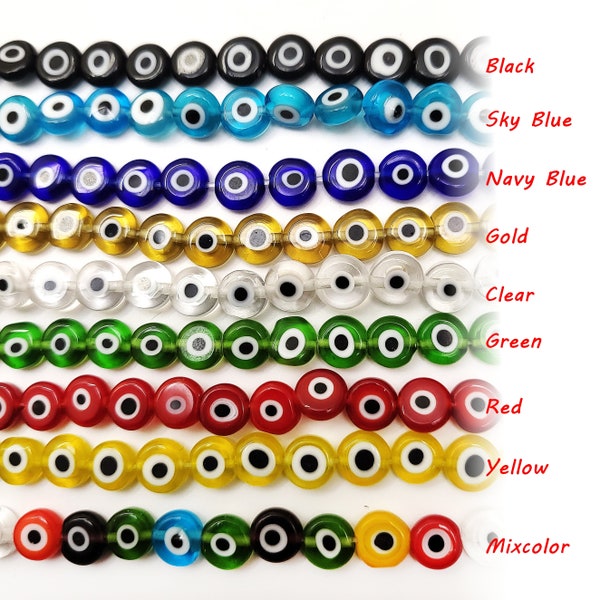 Evil Eye Glass Beads Protective Flat Round Disc Coin Spacer Loose Bead Crystal Gemstone Beads 15" Strand 4mm 6mm 8mm 10mm