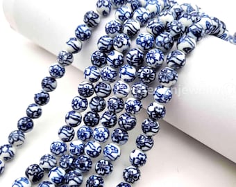 Blue White Porcelain Round Beads, Hand Painted Flower Ceramic Jewelry Making (8mm)