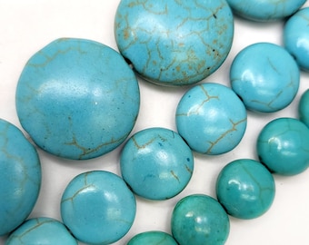 Turquoise Howlite Coin Beads, Blue Disc Beads, 15" Strand (12-20mm)