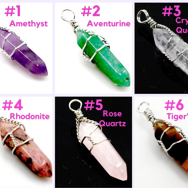 Faceted Crystal Pendant Gemstone Crystal Pointed Pendant Raw Stone Briolette Faceted Rose Quartz, Aventurine Jade, Onyx, Tiger eye Pendant