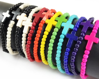 12 Color Cross Bracelet Beaded Stretch Christian Religious Stackable Man Women Gemstone Howlite Turquoise 4mm 6mm 8mm 10mm 7.5" Cruciform
