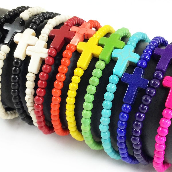 12 Color Cross Bracelet Beaded Stretch Christian Religious Stackable Man Women Gemstone Howlite Turquoise 4mm 6mm 8mm 10mm 7.5" Cruciform