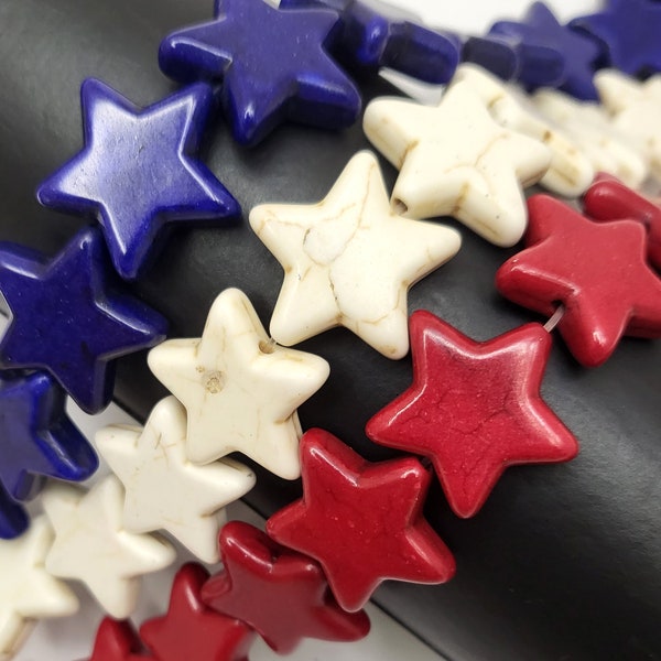 Patriotic Color Stars Bead Blue White Red Gemstone Howlite Turquoise 15" strand 12mm 15mm 20mm American Star Charm 4th of July Star Beads