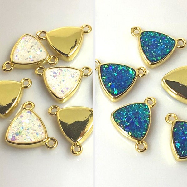 Opal Charm Mosaic Blue, Pearl White Opal Triangle w 2 Rings Opal Connector Gemstone for Bracelet Earring Making 12x12mm 1pc