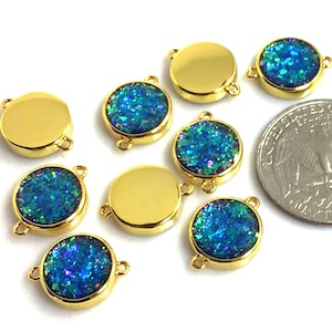 Blue Mosaic Opal Pendant Round Coin Connector w 2 Rings Gold Bezel 1 pc Gemstone Round Charm 12mm 9mm