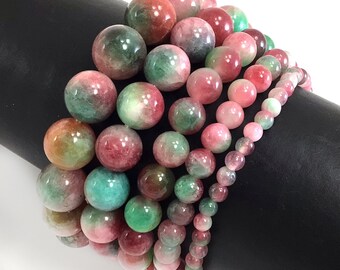 Watermelon Jade Bracelet Stretch Elastic Natural Crystal Healing Gemstone Round Beaded for Men,Women 4mm 6mm 8mm 10mm 12mm 7.5"