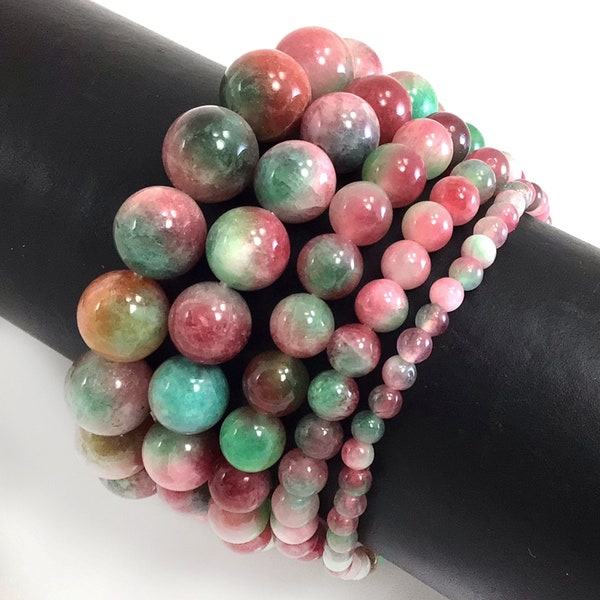 Watermelon Jade Bracelet Stretch Elastic Natural Crystal Healing Gemstone Round Beaded for Men,Women 4mm 6mm 8mm 10mm 12mm 7.5"