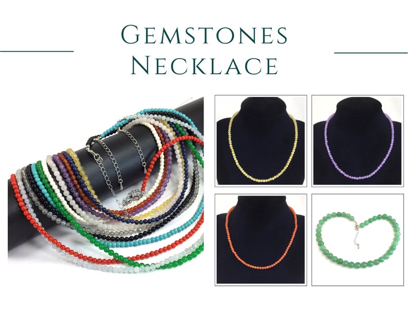 May include: A collection of gemstone necklaces in various colors, including red, green, blue, purple, and white. The necklaces are made of small, round beads and are displayed on a black background.  Gemstones Necklace.