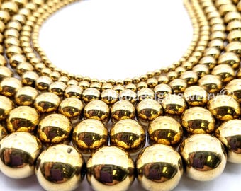 Gold Hematite Beads AA Grade, Round Gemstone, 3-12mm 15" Strand