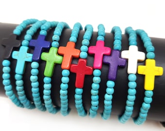Turquoise Blue Beaded Cross Bracelet - Christian Stretch Bracelet 7.5“