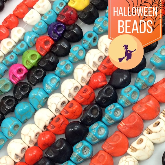 7mm Halloween Skull Beads, Turquoise Howlite Bone Decor (15" Strand)