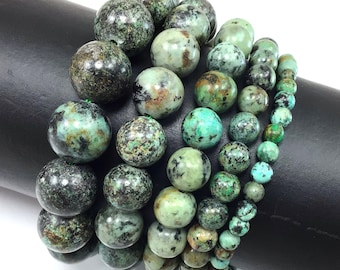 African Turquoise Bracelet, Round Gemstone Beaded, Crystal Healing 4-12mm 7.5"