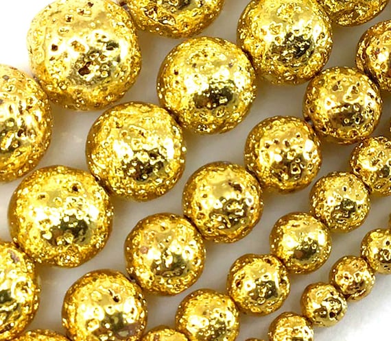 Bright Gold Electroplated Lava Rock Stone Beads – 6mm, 8mm, 10mm, 15.5" Strand