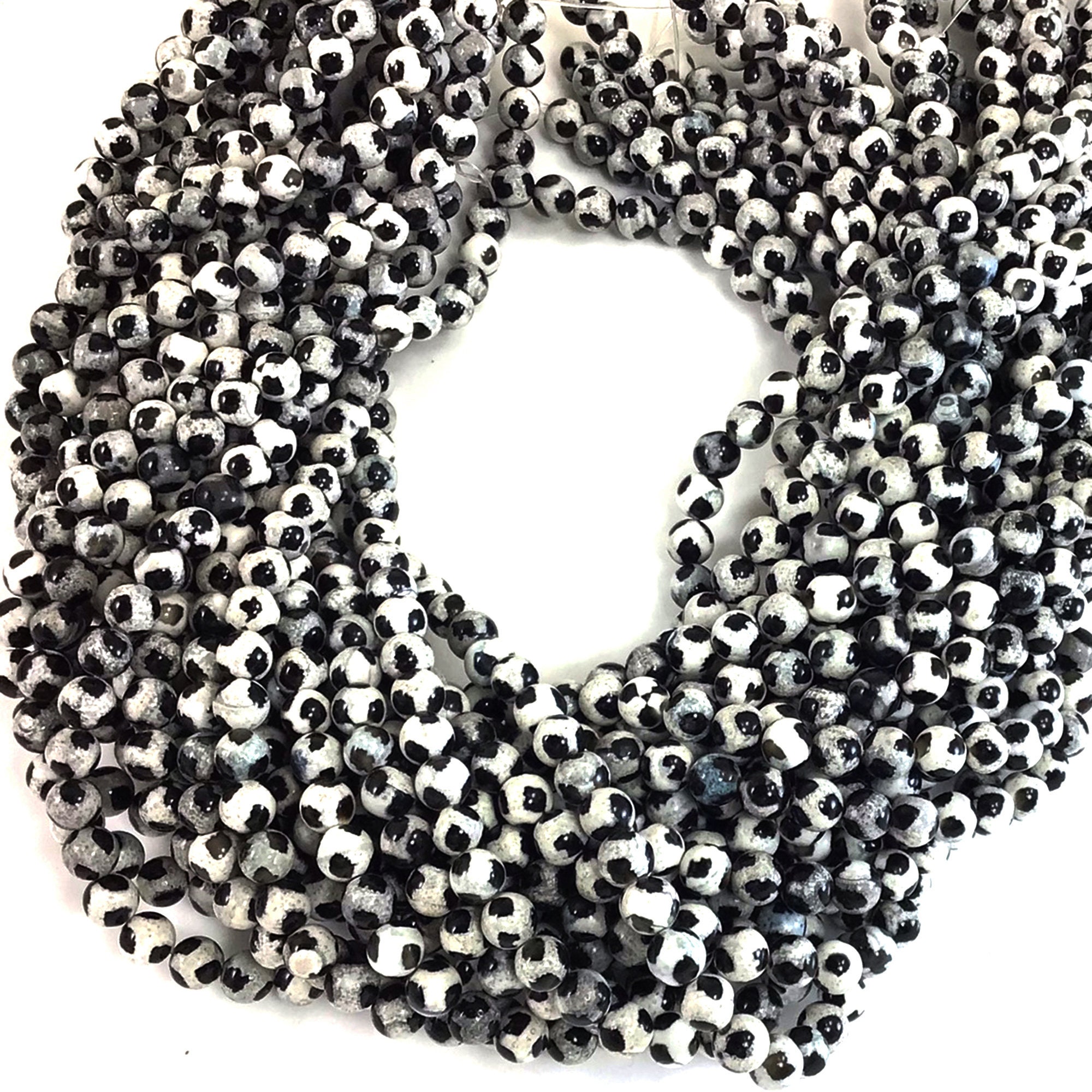 Football Dzi Agate Round Bead Black White Gemstone Tibetan DZI