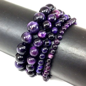 Dark Purple Tiger eye Bracelet Stretch Elastic Crystal Healing Gemstone Round Beaded for Men,Women 4mm 6mm 8mm 10mm 12mm 7.5&quot;