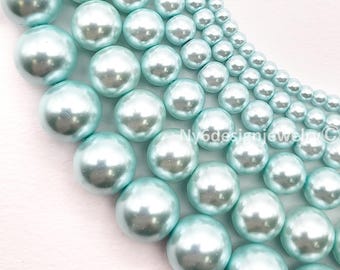 Baby Blue Glass Pearl Round Beads, 3-12mm 15" Strand #26