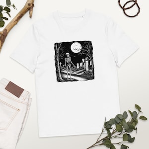Skeleton Graveyard Shirt – Moonlit Night Unisex Tee – Spooky Gothic Graphic Shirt
