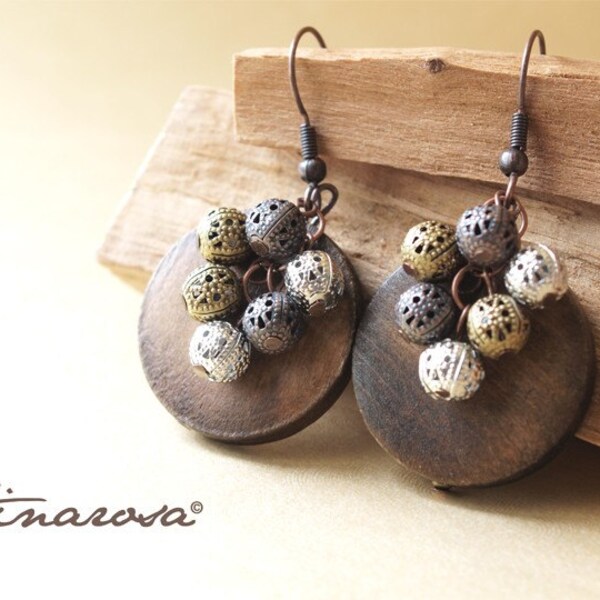 Primitive on Ear - Earrings with Round Wood Beads and Antique Brass Balls