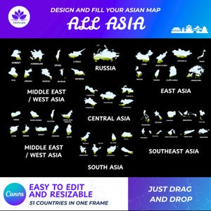 Pacote de Molduras Canva para Todos os Mapas Asiáticos | Modelos de Mapas Continentais Editáveis | Leste, Oeste, Sul, Sudeste e Ásia Central | Pacote de Geografia Canva