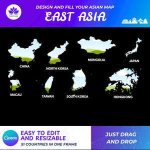 Ost Asien Karte Canva Rahmen Vorlage | Bearbeitbare druckbare Geographiekarte | Digitales Klassenzimmer Dekor | Sozialkunde Vorlage