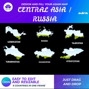 Plantilla de marco de Canva de Asia Central y Rusia / Esquema de mapa editable / Mapa de Canva de geografía digital para profesores, creadores y diseñadores gráficos.