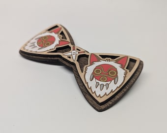 Hand-Painted Princess Mononoke Wooden Bow Tie – Magnetic Closure | Studio Ghibli Inspired Gift |