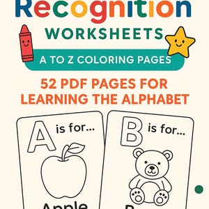 Hojas de trabajo de reconocimiento del alfabeto / Práctica del ABC imprimible / 52 páginas / Preescolar y jardín de infantes (PDF) / Descarga digital
