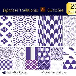 以下が含まれることがあります： 紫と白の20種類の日本の伝統的なパターン見本。パターンには、花柄、幾何学模様、波模様が含まれます。「Japanese Traditional Swatches」、「Editable Colors」、「Commercial Use」というテキストが含まれています。