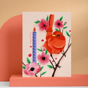 Bewerkbare gelukkige verjaardagskaart – gevouwen bloemenvogelgroet – afdrukbare Pink Blossoms Candle Card – Sjabloon DIY-verjaardagswensen