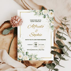 White Floral Wedding Invitation Template, Romantic Wedding Invitation, Editable Template, White Roses, Templett