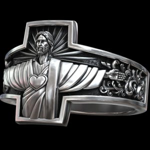 Jesus Protector Sacred Heart Ring – 18K Gold Plated Cross Band for Orthodox & Catholic Men, Handmade Silver Christian Faith Jewelry