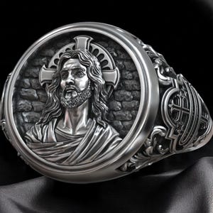 Jesus Christ Signet Ring in Sterling Silver – Sacred Cross and Christogram Detail, Handmade Christian Ring for Men, Symbol of Eternal Faith
