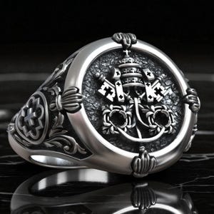 Handgefertigter Petrus Schlüssel des Himmels Ring in Sterling Silber - Christliches Symbol Siegel für Männer, Päpstliches Kreuz Fatima Schmuck Geschenk