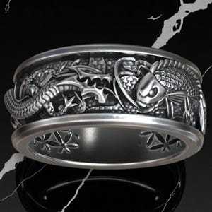Handcrafted Dragon vs Koi Fish Ring for Men – Japanese Mythology Battle Band, Samurai Style Jewelry, Unique Gift for Him