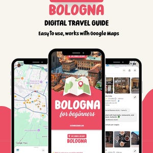 Peut inclure: Trois smartphones affichent un guide de voyage numérique pour Bologne, Italie. Le guide, intitulé "Bologne pour débutants", présente des cartes et des informations sur les restaurants et les monuments. Le guide est facile à utiliser et fonctionne avec Google Maps.